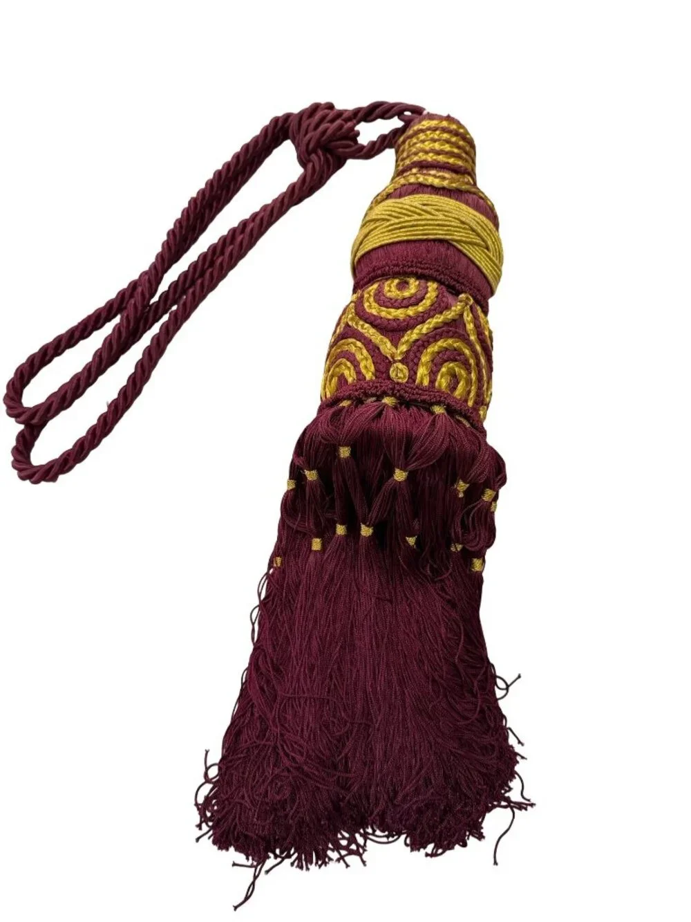 Vintage Extra Large Burgundy Gold Passementerie Curtain Tieback Tassel 45 Inch H